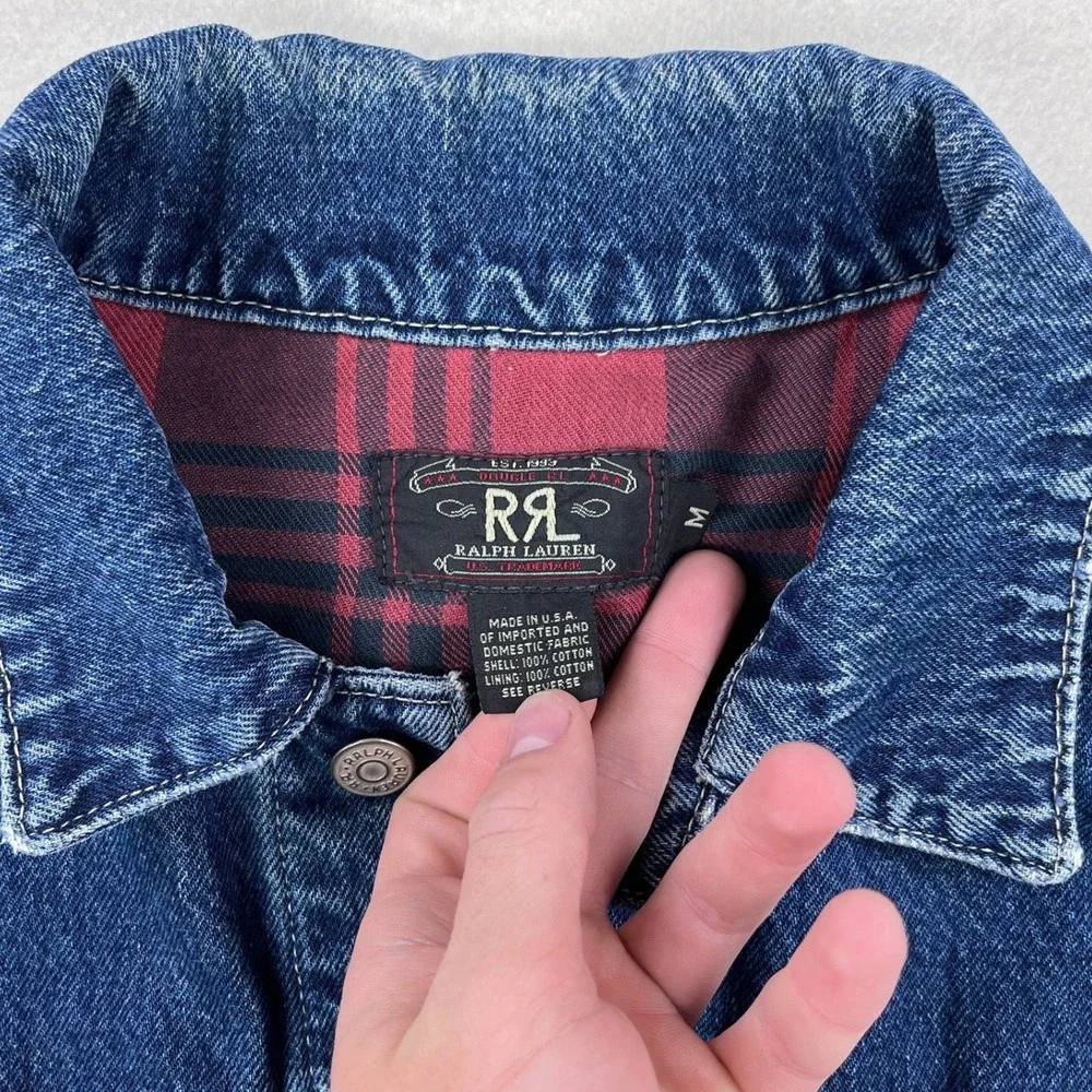 RRL Ralph Lauren Plaid Lined Denim Type 2 Trucker Jacket Mens M Blue Buckle Back